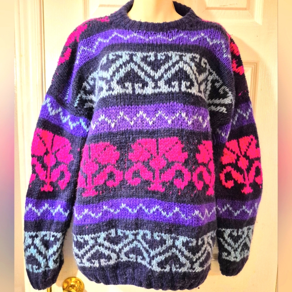 Chunky Hand Knit 100% Llama Wool Sweater Crew Cowl Large